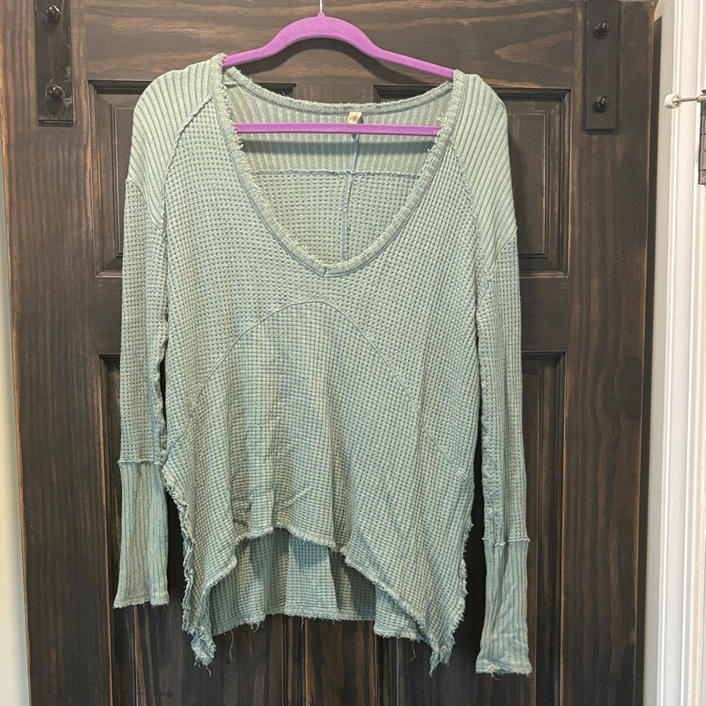 Free People Women's Sage Green Waffle Knit Long Sleeve Top